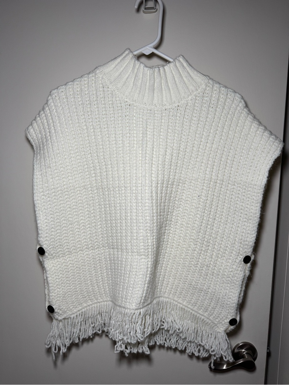 Cozy Cream Knit Fringe Poncho with Mock Neck
